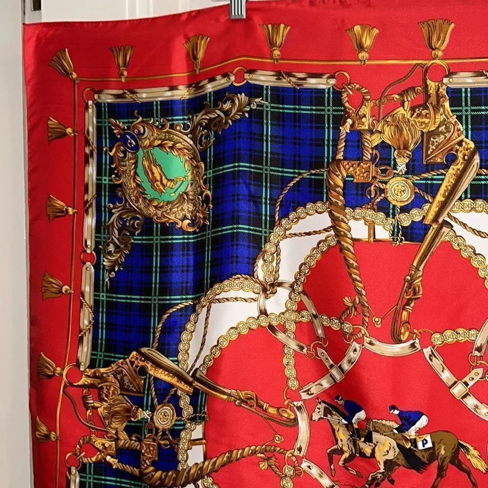 Vintage 80s/90s large polo, horses, bridle themed red, blue & gold scarf‎